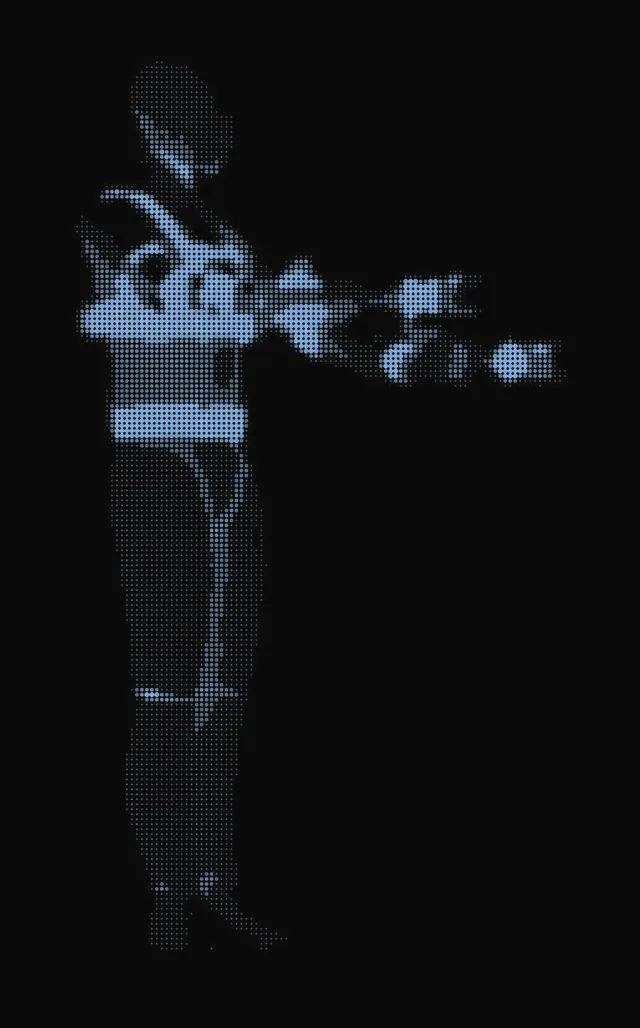 Early exoskeleton concept, shown in dot-matrix style
