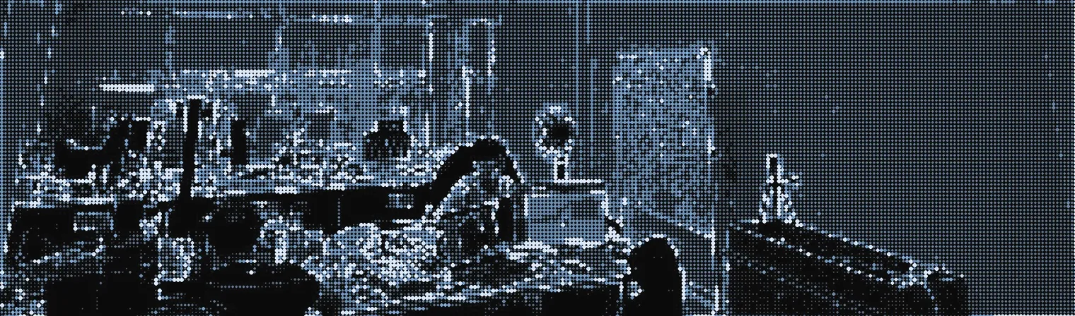 The lab where the team built the exoskeleton, shown in dot-matrix style